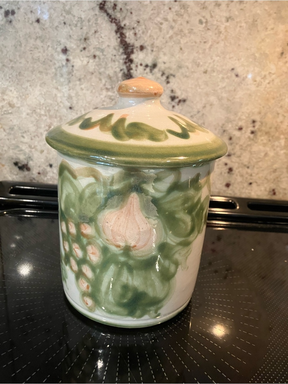 Hand-Painted Ceramic Canister in Green and Cream with Lid